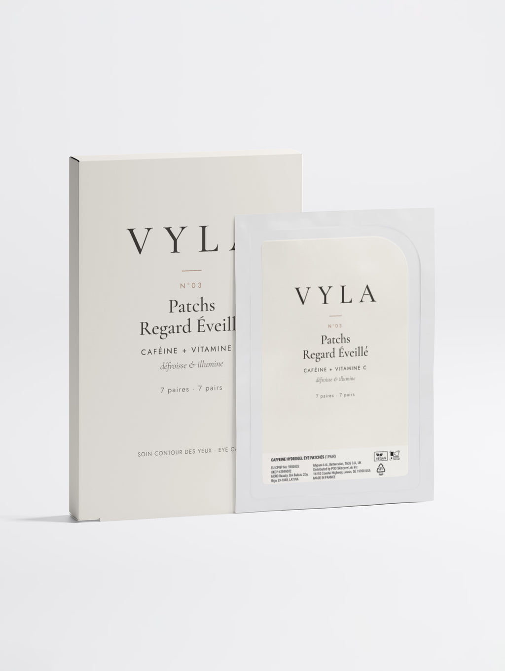 Patchs yeux caféine et vitamine C VYLA – étui et sachet