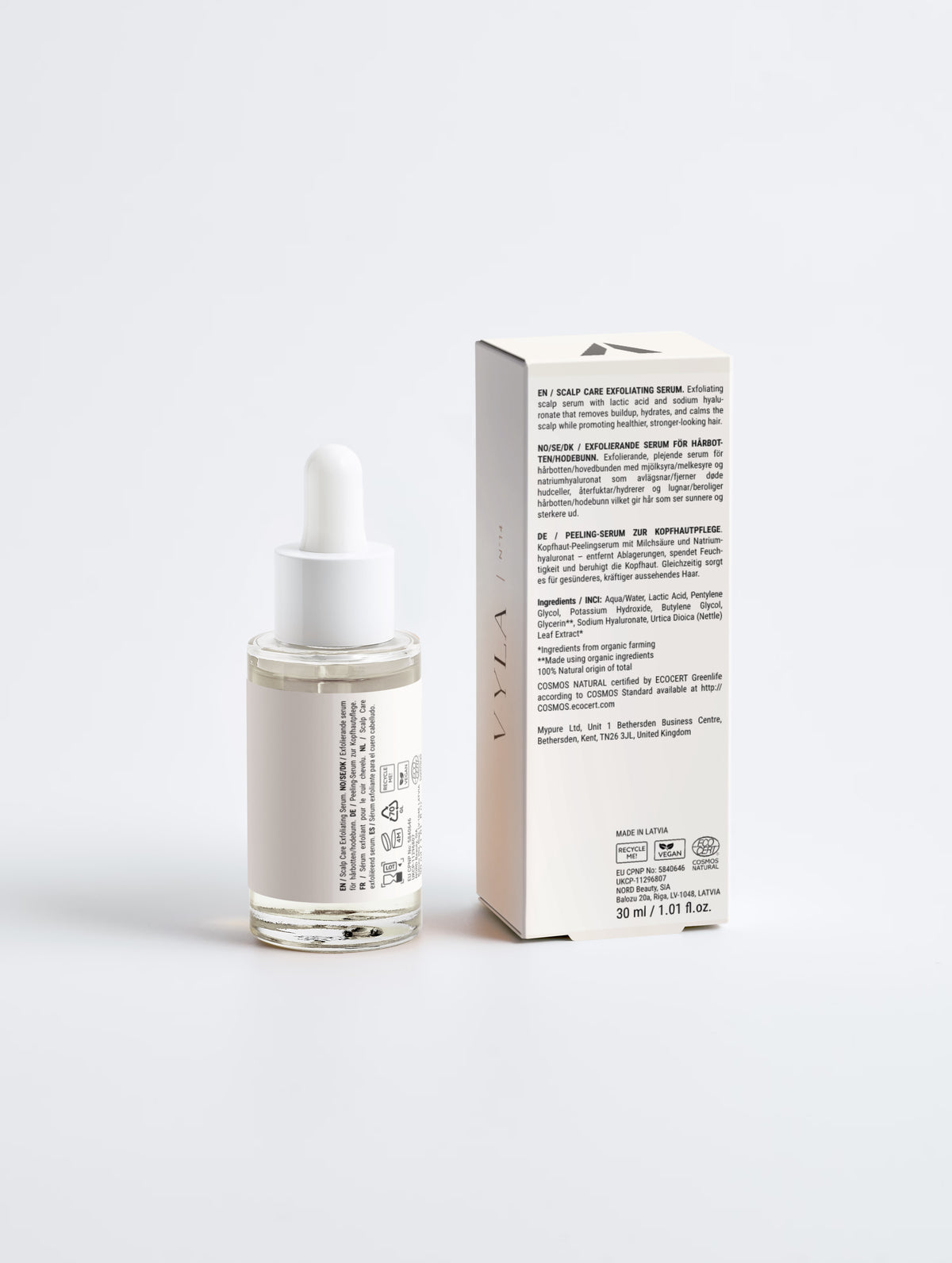 Sérum exfoliant cuir chevelu VYLA – composition au dos de l'étui