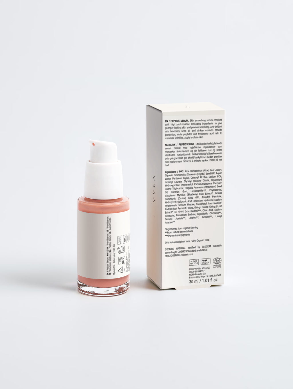 Sérum peptides VYLA – flacon et composition au dos de l'étui