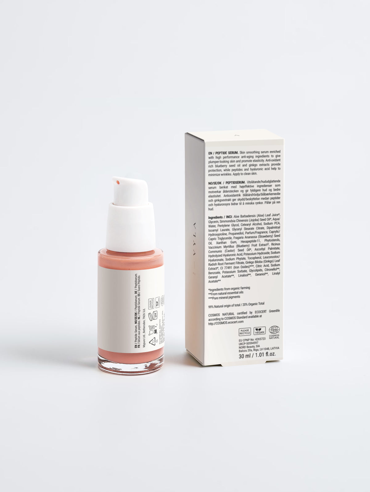 Sérum peptides VYLA – flacon et composition au dos de l'étui
