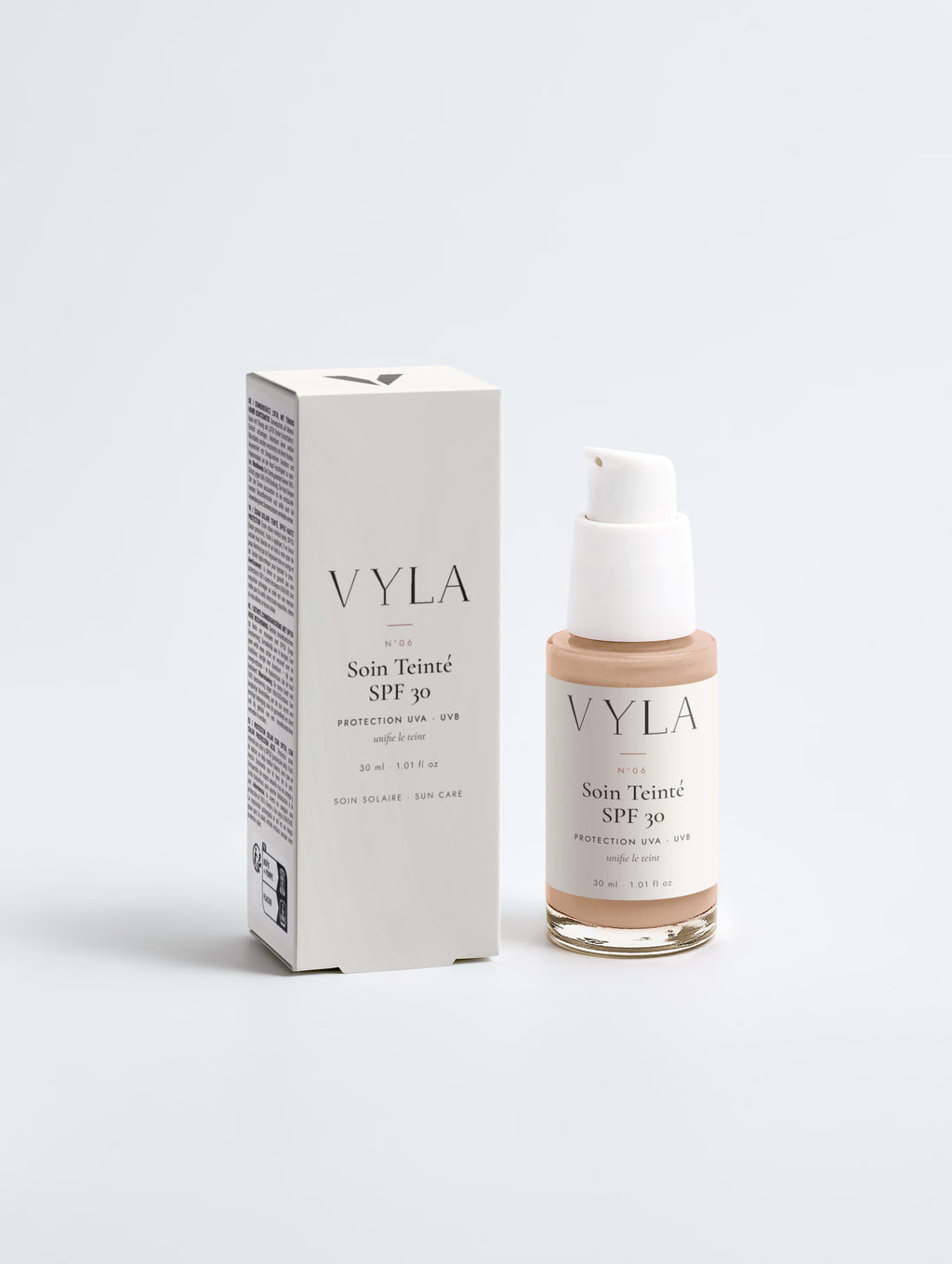 Soin teinté SPF 30 minéral VYLA – flacon pompe et étui