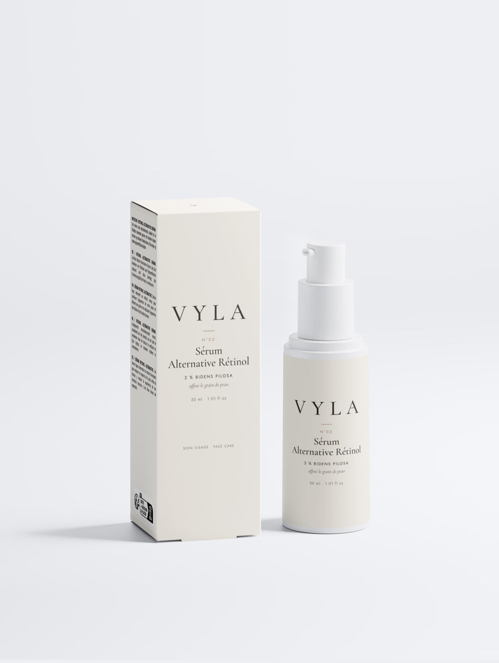 Sérum alternative rétinol végétale Bidens pilosa VYLA – flacon et étui